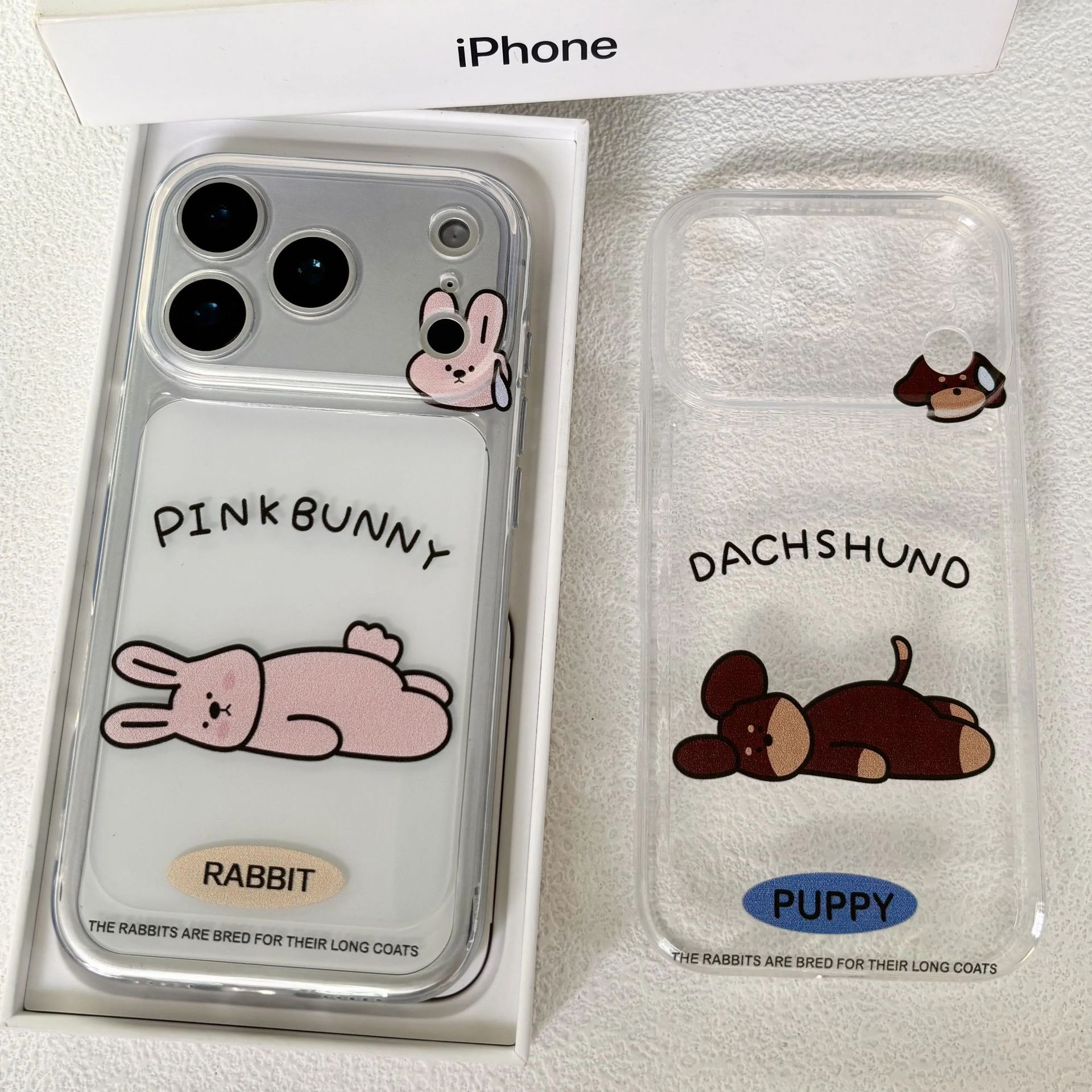 Korean Couple Lying on the Floor Rabbit Puppy Suitable for Apple 17 Promax Mobile Phone Case Ip16 Transparent 15 Space Shell Soft