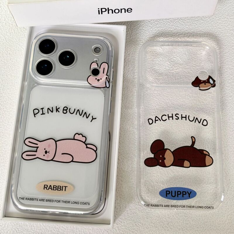 Korean Couple Lying on the Floor Rabbit Puppy Suitable for Apple 17 Promax Mobile Phone Case Ip16 Transparent 15 Space Shell Soft