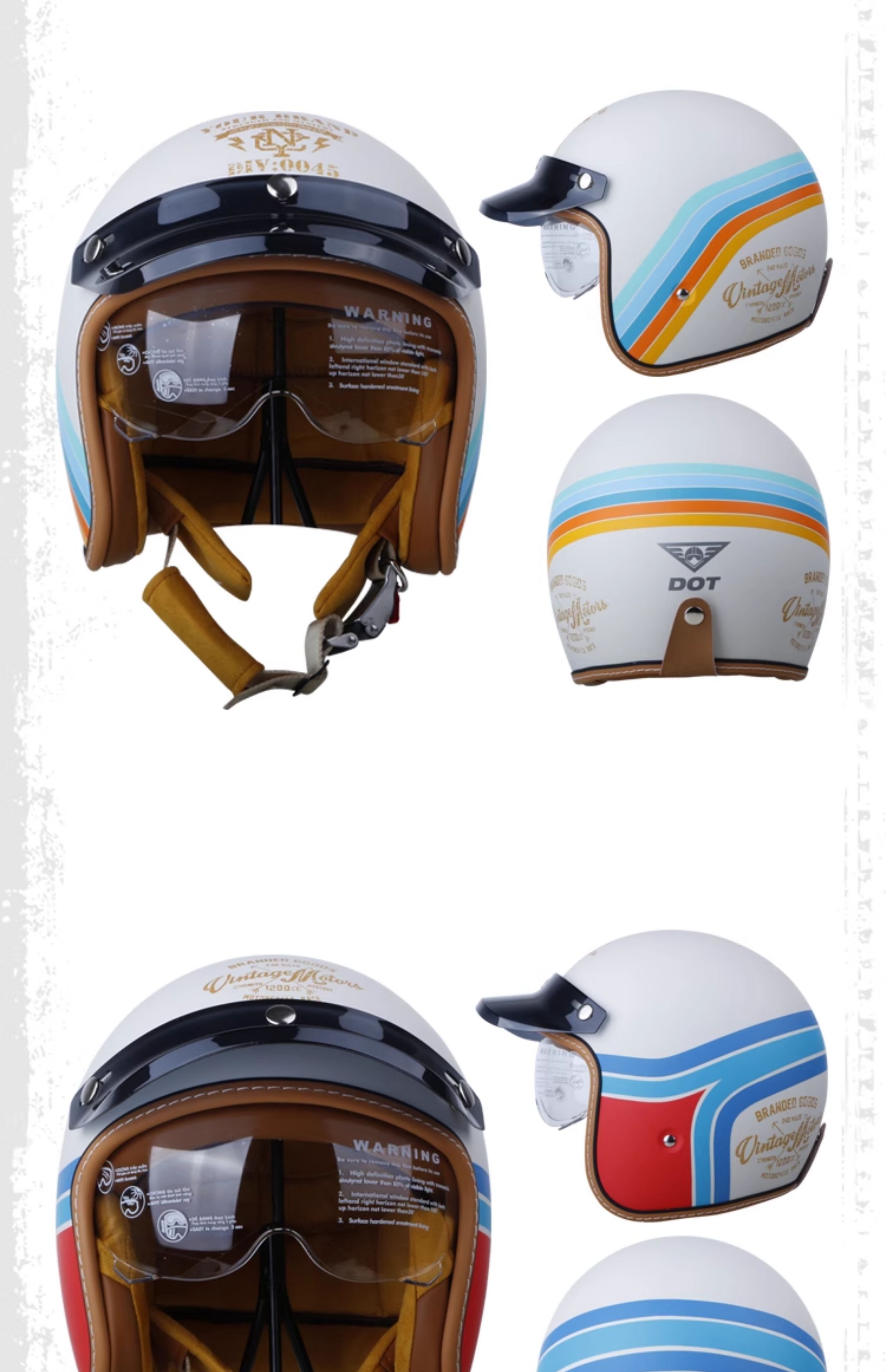 Retro Motorcycle Helmet 3/4 Open Face with Inner Visor