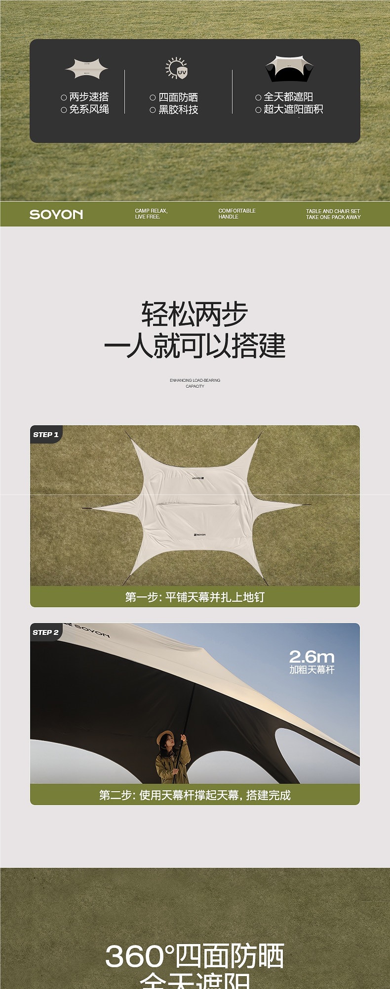 Soyon Quick Setup Black Vinyl Canopy Tent Outdoor Camping Equipment Full Set New Model No-Assembly Sunshade Canopy