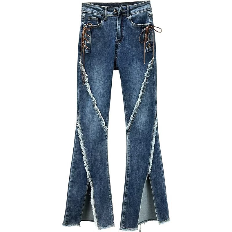 Niche Retro High Waist Slimming Split Edge Strap Horn Jeans Women's 2022 Stretch Hip Lifting Pants Niche Retro High Waist Slimming Split Edge Strap Horn Jeans Women's 2022 Stretch Hip Lifting Pants