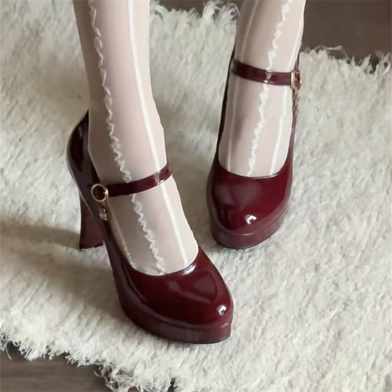 Waterproof Red High Heels for Women 2025 Spring New Style Sexy Thick Heel Pointed Toe Mary Jane Shoes Burgundy