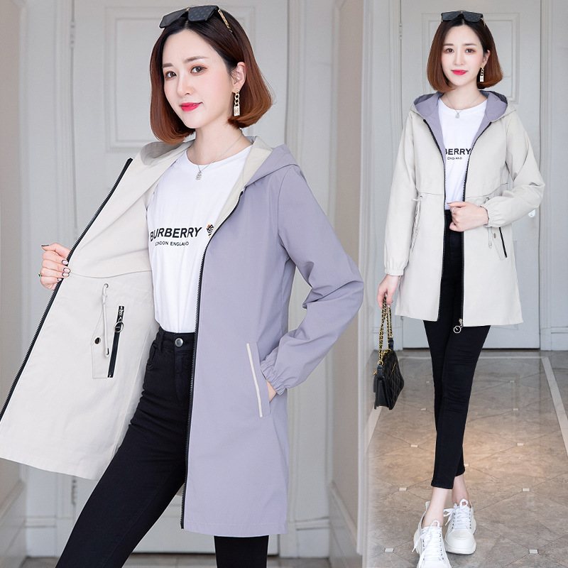 Reversible Mid-Length Hooded Windbreaker Jacket for Women, Spring & Fall, Middle-Aged Mother's Wear, Loose Flesh-Covering Pure Color Cardigan Jacket
