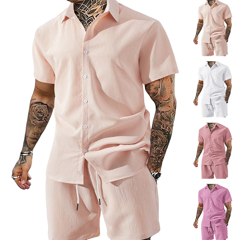 Nuevo transfronterizo Europa y América Amazon verano hombre nuevo color sólido camisa de botón de solapa de manga corta pantalones cortos set hombre