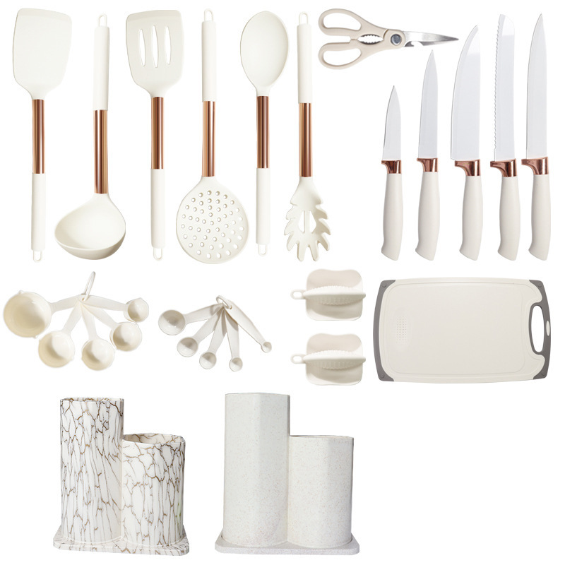 Pala de silicona, cuchara, juego de 26 piezas, pala de silicona de oro rosa, sartén antiadherente, pala de silicona de grado alimenticio, juego de utensilios de cocina de silicona