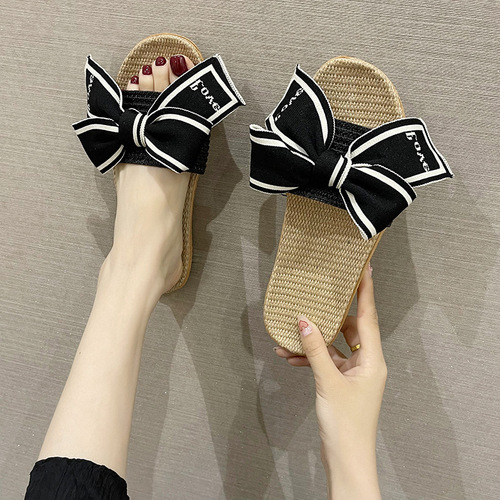 Home Slippers Summer New Breathable Indoor Fabric Linen Slippers with Small Scandalous Butterfly Knot Sandals for Women to Wear Outdoors