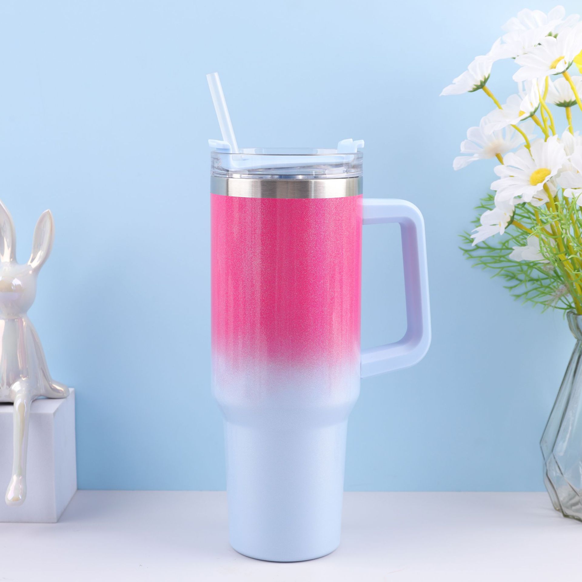 Cross-border 304 pintura del arco iris de acero inoxidable 40Oz Taza del coche paja gradiente hielo escudo Copa montado en el coche de gran capacidad termo taza