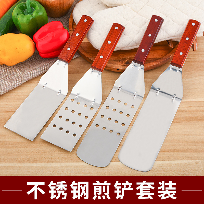 Fábrica al por mayor pala de cocina de acero inoxidable pala de pizza mango de madera filete pala de freír cocina teppanyaki juego de herramientas
