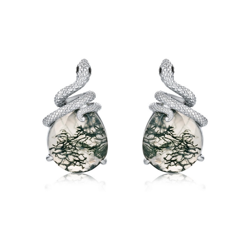 Nueva personalidad transfronteriza europea y americana Pendientes de piedra de musgo verde natural S925 Pendientes de ágata con incrustaciones de plata, todo fósforo