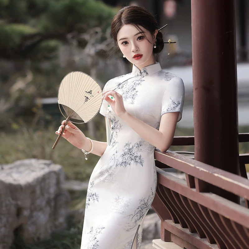 仟金公主 Retro elegante легкий чонсам, китайский стиль, с коротким рукавом