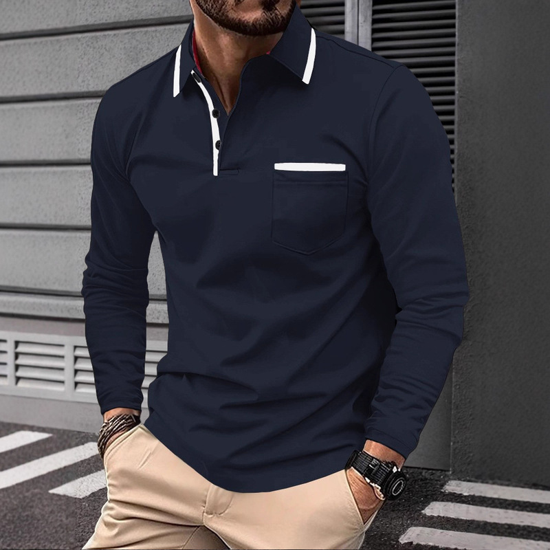 Cross-Border European Size Men's New Cross-Border Fashion Lapel Patchwork Button Men's Casual Sports Long-Sleeved Polo Shirt