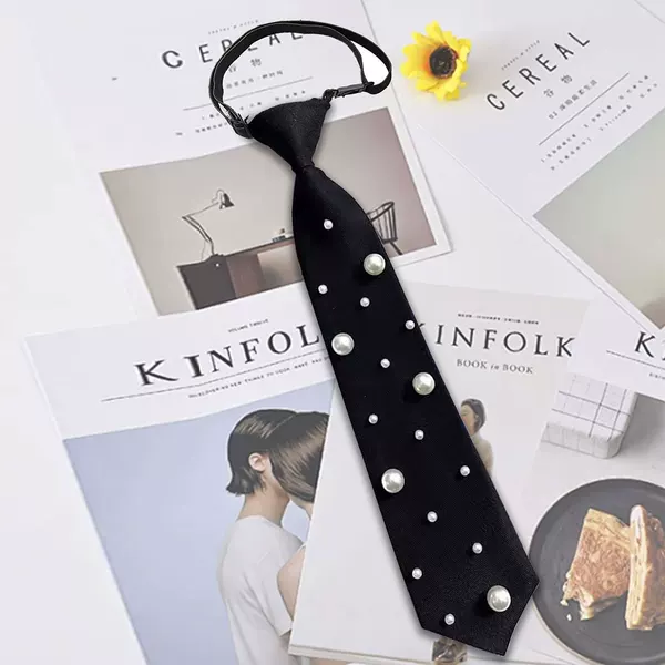 Cross-Border Women's Pearl Tie Blouse Paired with Black Rhinestone Tie, No-Tie Lazy Women's Tie Wholesale