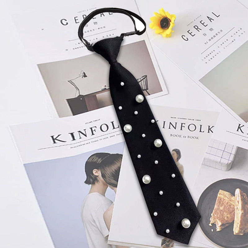 Cross-Border Women's Pearl Tie Blouse Paired with Black Rhinestone Tie, No-Tie Lazy Women's Tie Wholesale Cross-Border Women's Pearl Tie Blouse Paired with Black Rhinestone Tie, No-Tie Lazy Women's Tie Wholesale