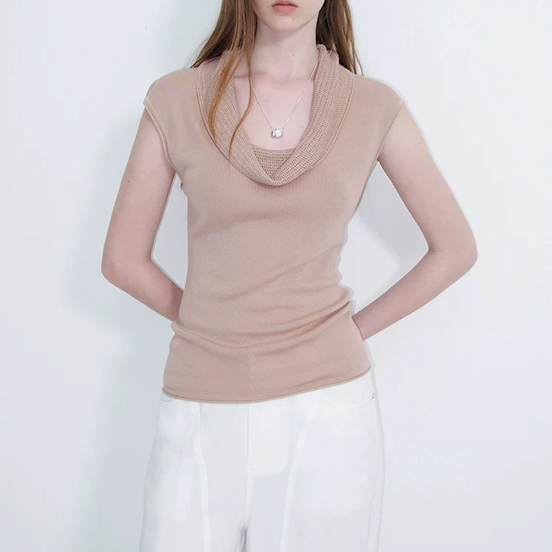 100% Lyocell layered mesh crochet U-neck ruffled edge knit top for women, summer sleeveless top