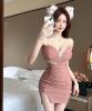 Mesh V-neck hollowed out low cut tight fitting bag with buttocks， split bottom， suspender， short dress