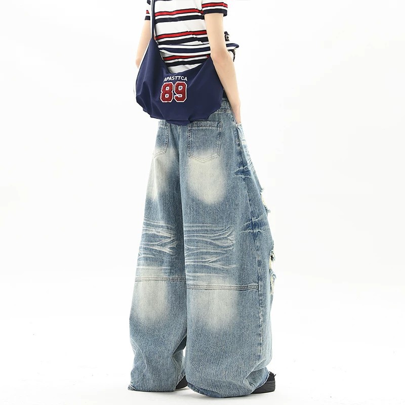 Men Women Washed Whiskering Ripped Jeans Street Style Summer New Retro Cool Scimitar Wide Leg Trousers_mkmklike.com