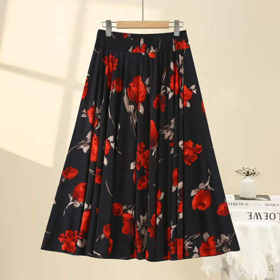 Mom's Elastic Waist Ice Silk Skirt Summer High Waist Slim Mid-Length Skirt Floral Women's Large Hem Skirt A-Line Skirt