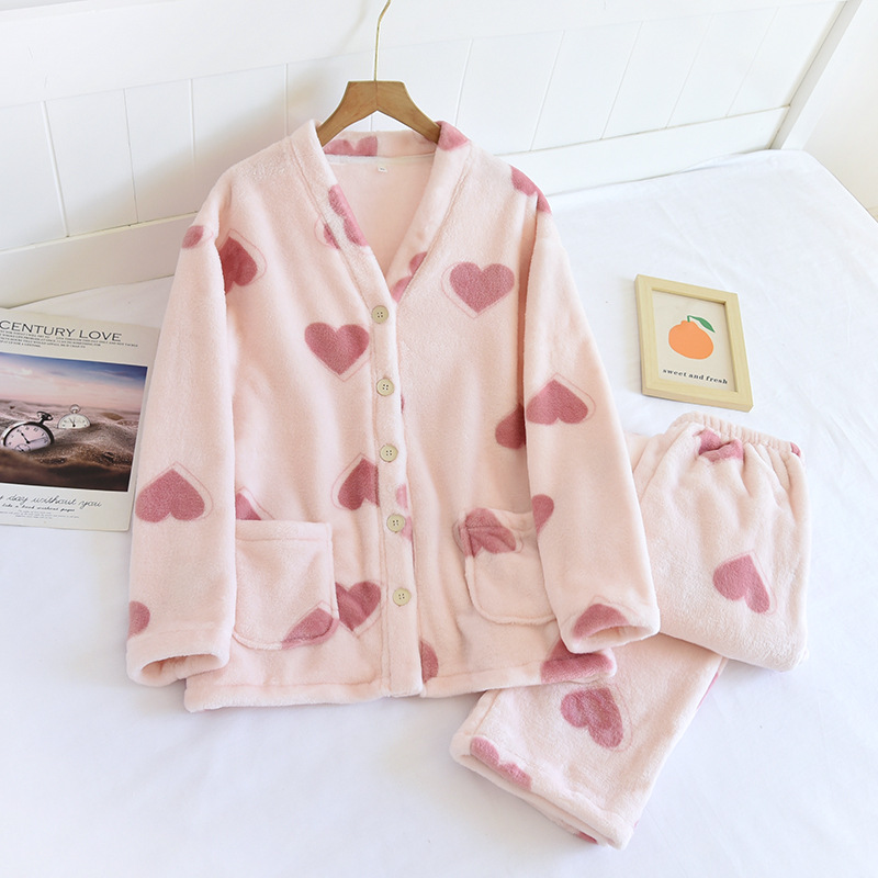 ZHYピンクハート-フランネルVネックセット