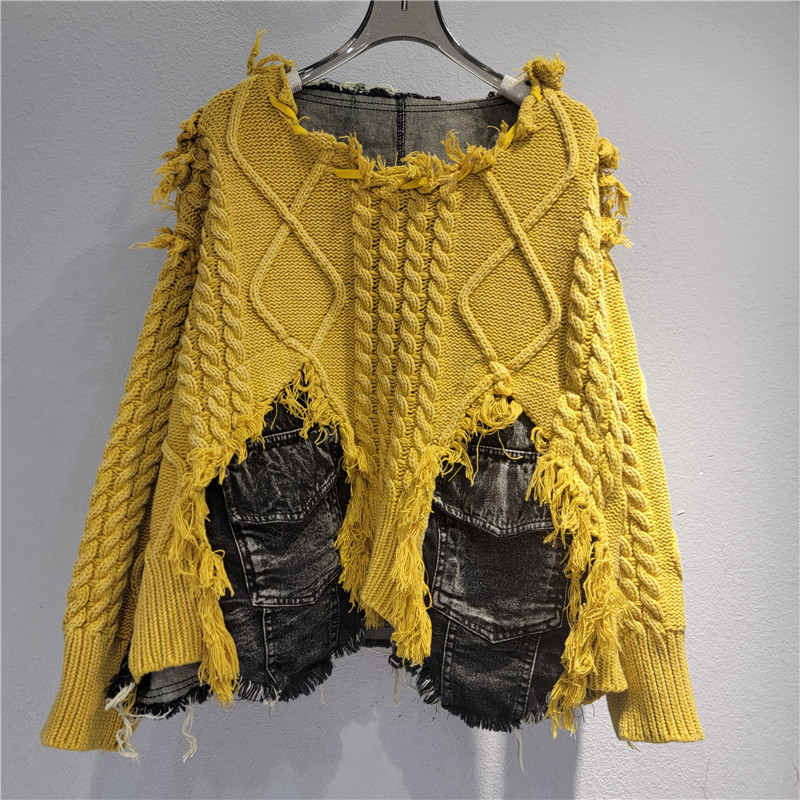Moda cool estilo estilo extranjero tejido de costura jeans cuello redondo manga larga suéter corto para mujeres otoño / invierno 2025 image 9