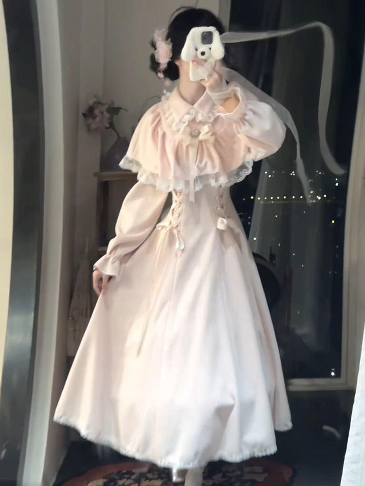 白桃梦境 秋冬新款日系清楚系大小姐设计感蝴蝶结收腰显连衣裙