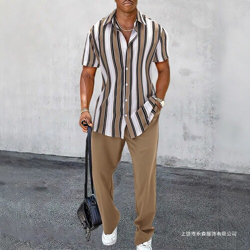2025 Temu Amazon Cross-border Fashion Casual Men's Plus Size Striped Short-sleeve Shirt + Pants Set