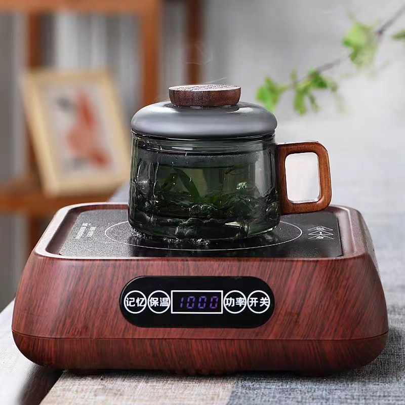 Taza de té gris ahumado de madera Taza de muelle de vidrio con alto contenido de borosilicato Taza de tres piezas de pequeña capacidad con separación de té con filtro