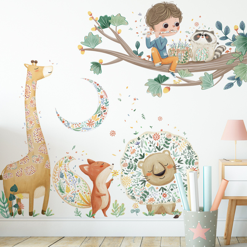 Cute Cartoon Stickers Giraffe Lion Fox Decorative Stickers Children's Room Kindergarten Wall Stickers Big Tree Wall Stickers