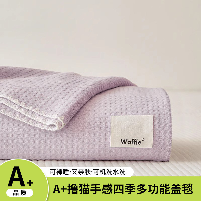 淡紫【贝壳绣边工艺-柔软撸猫感四季盖毯】 / 儿童毯-70*100cm【A类亲肤级华夫格面料】