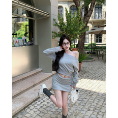 慵懒感美式辣妹气质设计感斜肩卫衣翻边包臀半裙套装女