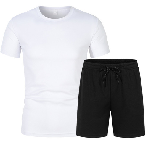 Summer Men's Mesh Short Sleeve Set 2-Piece Breathable Basketball Top T-Shirt + Sports Five-Finger Shorts Solid Color