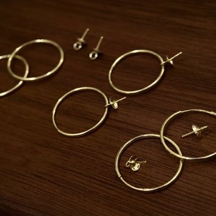 18K Plain Gold Imported Small Earrings, Two-Wear Style with Bead Cap, Suitable for Daily Wear, with 7-8mm Beads, Without Beads