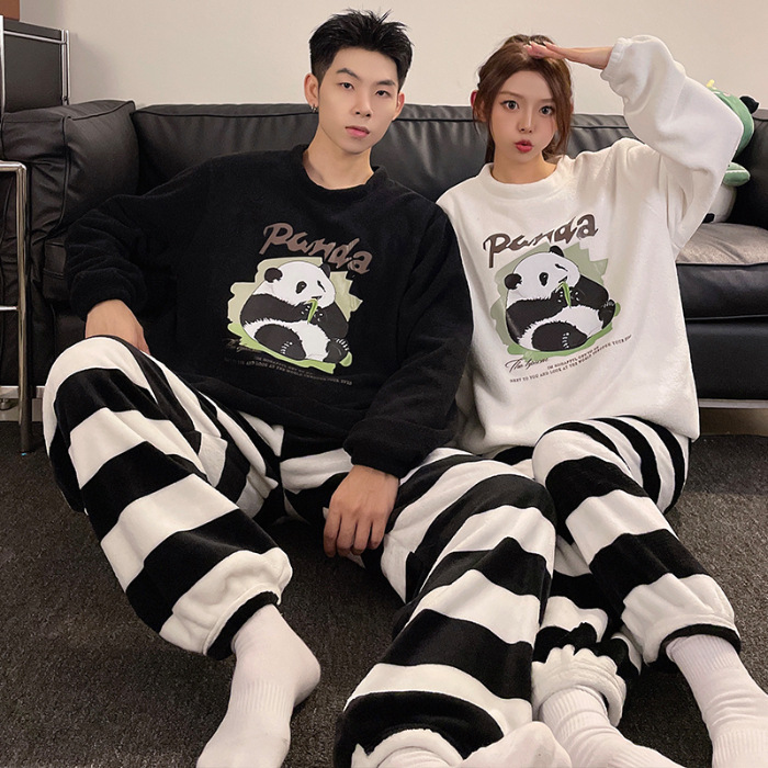 Pareja pijamas Otoño e Invierno arroz polar cuello redondo dulce de dibujos animados forrado de lana gruesa de coral cálido se puede usar fuera traje