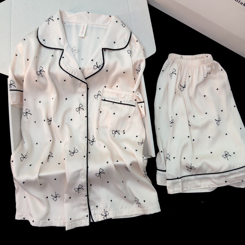 High-End Bow-Knot Cool Ice Silk Pajamas for Women, 2026 New Summer Short-Sleeved Cardigan Silk Loungewear
