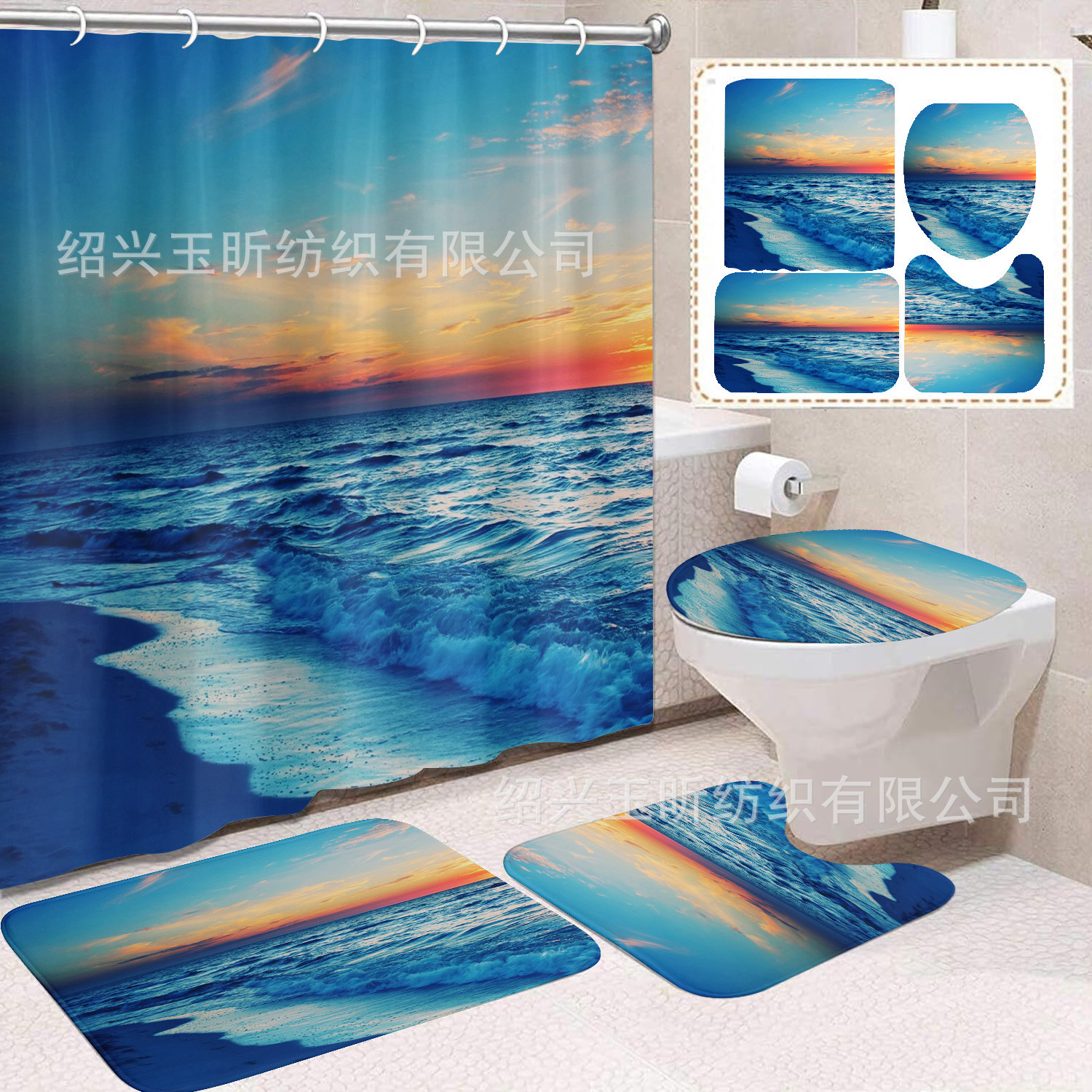 Fábrica directa azul mar de arena impresión digital poliéster tela de baño cortina de baño antimoda cuatro piezas conjunto image 50
