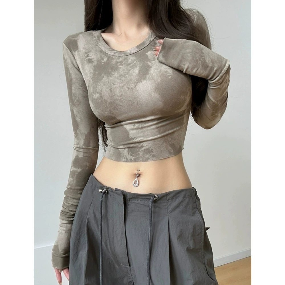 Привлекательный спортивный облегающий Повседневный Топ в американском стиле с принтом тай-дай в стиле ретро, Женская приталенная футболка с длинными рукавами и пупком для девушек, 2024