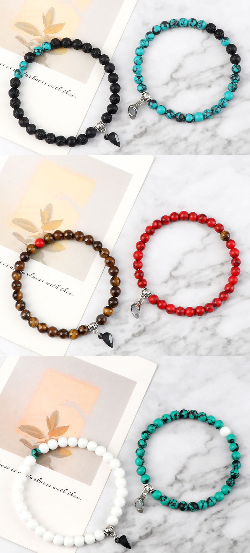 Couple Beaded Magnetic Bracelets With Heart Shaped Buckle Set_voghion.com