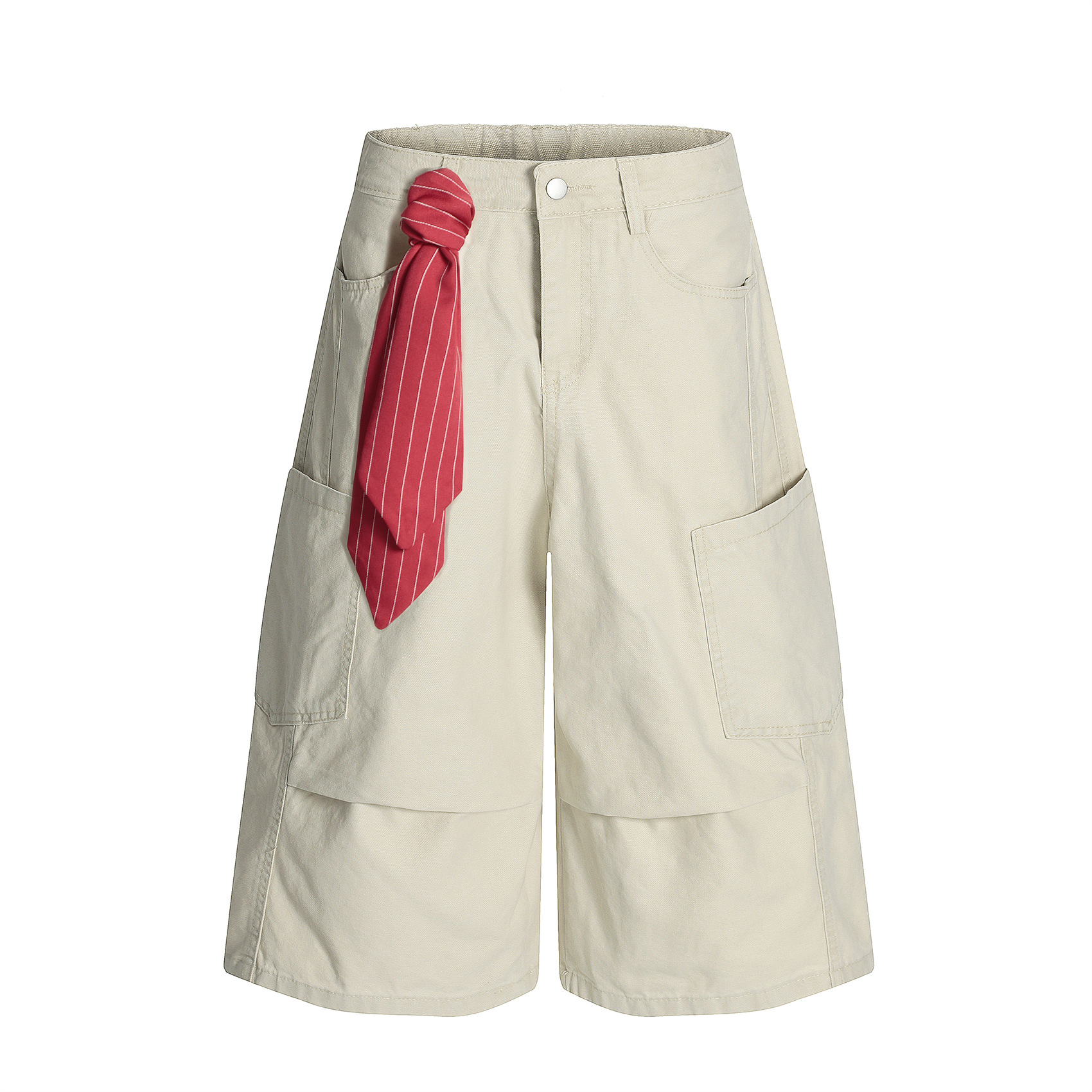 American Retro Detachable Ribbon Workwear Cropped Pants for Men 2025 Summer Street Loose Casual Wide-Leg Mid-Pants