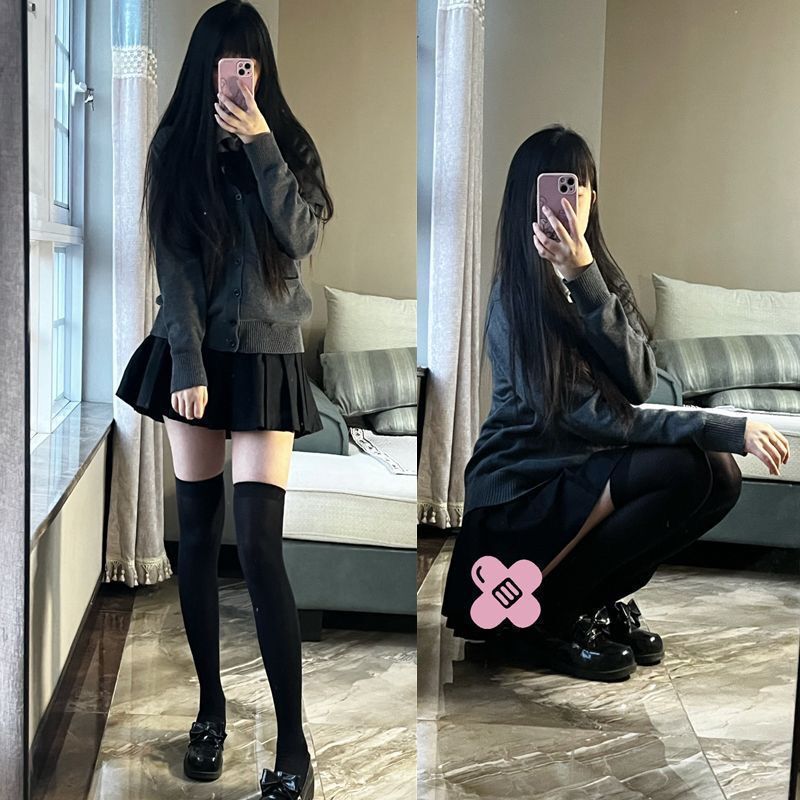 Three-Piece Suit for Small People, College Style Solid Color Sweater Jacket, Female Student Shirt, High Waist Pleated Skirt, Trendy