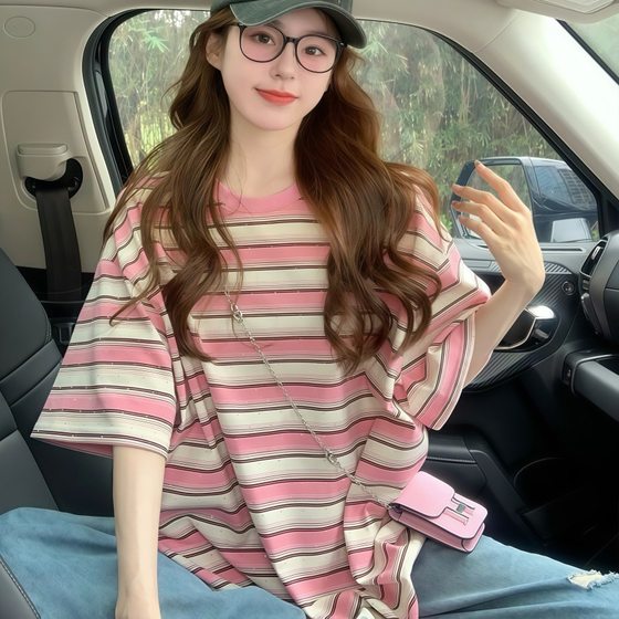 Dopamine Pink Striped Short-sleeved T-shirt Women's New Summer Design Sense Niche oversize Loose Top