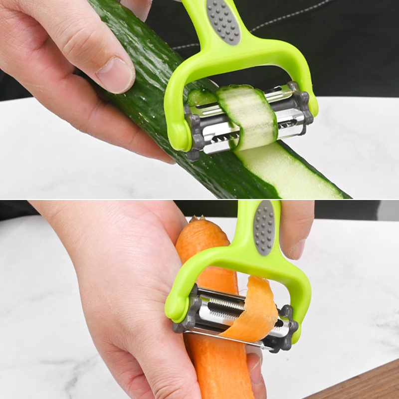 Fabricante pelador de acero inoxidable multi-función Rotary Peeler tres en uno pelador rallador melón y fruta multiusos cepilladora