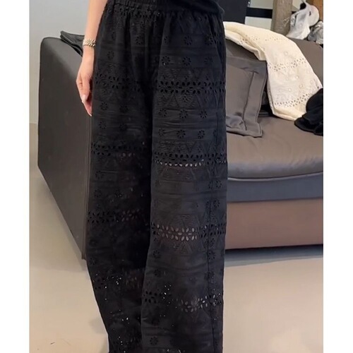 Cotton large-size women's clothing summer thin lace hollowed-out loose wide-leg pants, high-waist slimming straight casual pants.