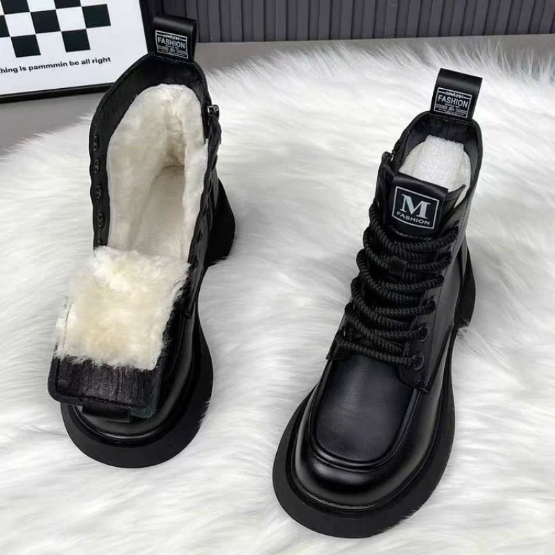 Ботинки Martens‑style низкие с тёплой подкладкой, противоскользящая платформа, чёрные/коричневые, 35–40
