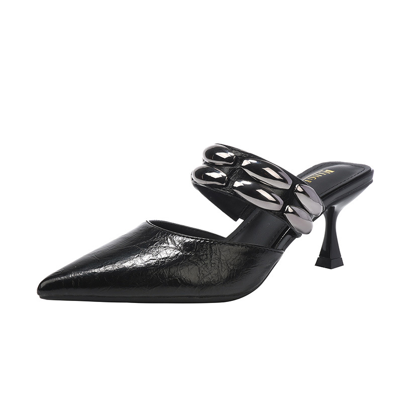 2026 nuevo estilo de moda de punta punta de cabeza media zapatillas de mujer de verano versátil tacones delgados zapatillas de tacones altos un cinturón