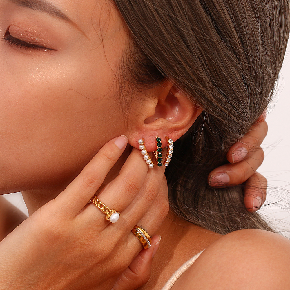 Zircon Pearl Inlaid Fishhook Stainless Steel Earrings