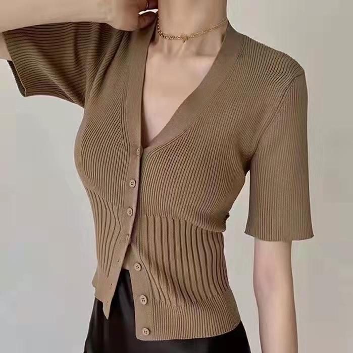 American Retro V Neck Knitted Cardigan for Women Spring & Fall Elastic Single-Breasted Sweater Sexy High-Waisted Short Crop Top