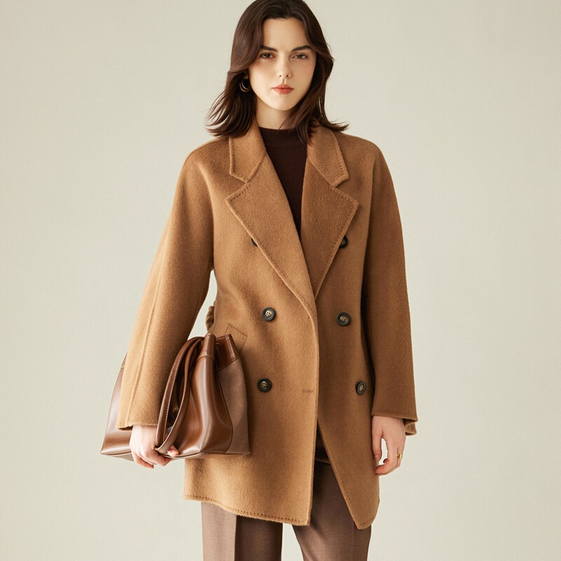 Camel Wool Double-Sided Coat for Women, New Autumn and Winter Design, Mid-Length Hepburn Style, Light Luxury Blazer Jacket