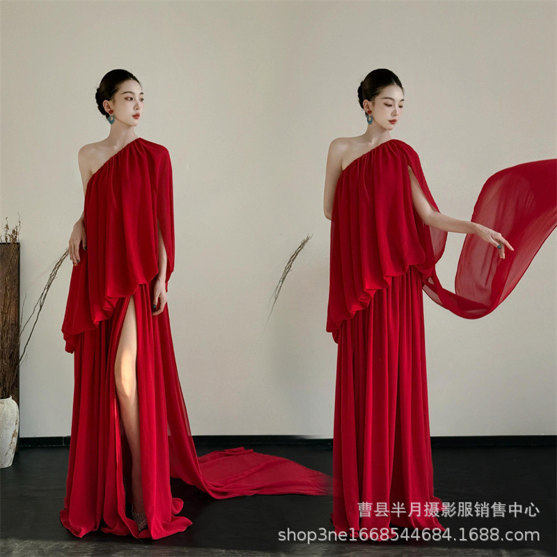 影楼新款中式主题摄影服装红色晨袍氛围连衣裙少女写真艺术照礼服