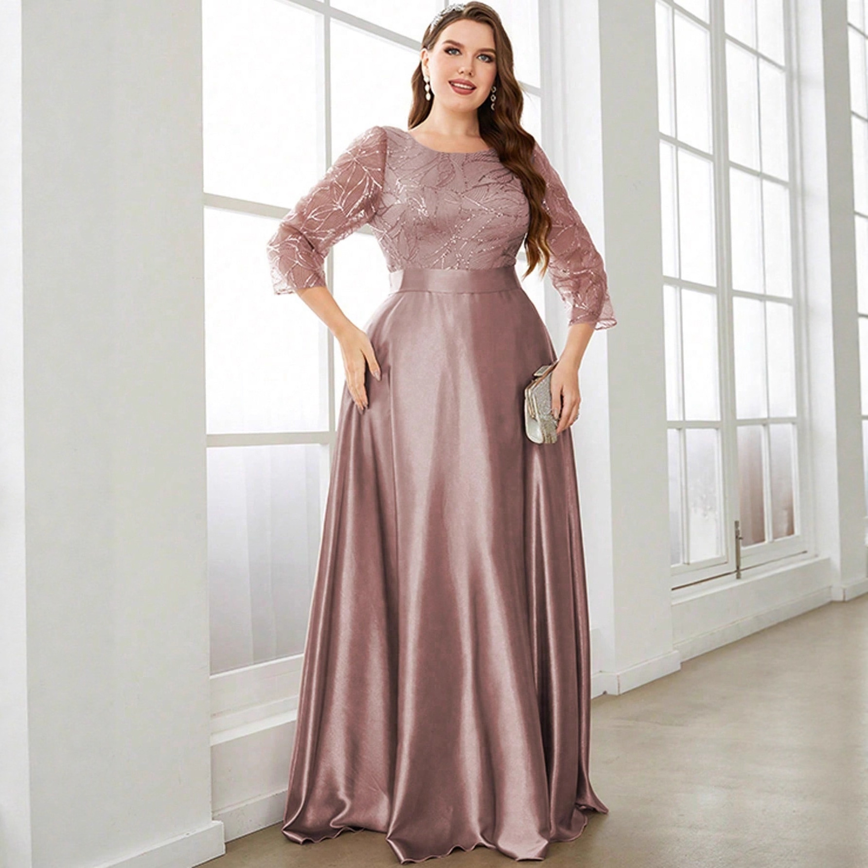 Vestido de cuello redondo de manga larga de diapositivas, vestido de satin, vestido de noche, vestido de baile, vestido de color sólido, mujer