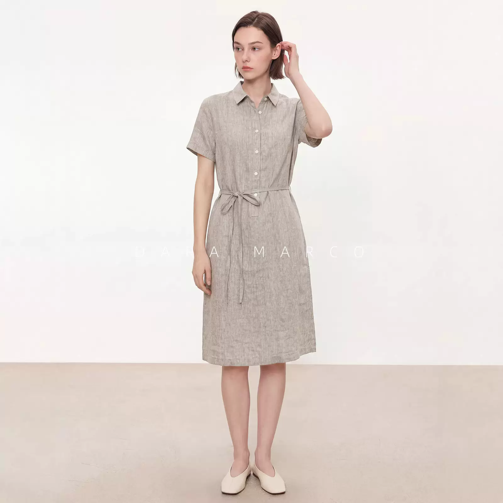 26春夏 新款色织亚麻连衣裙女透气凉感小翻领衬衫裙宽松显瘦长裙