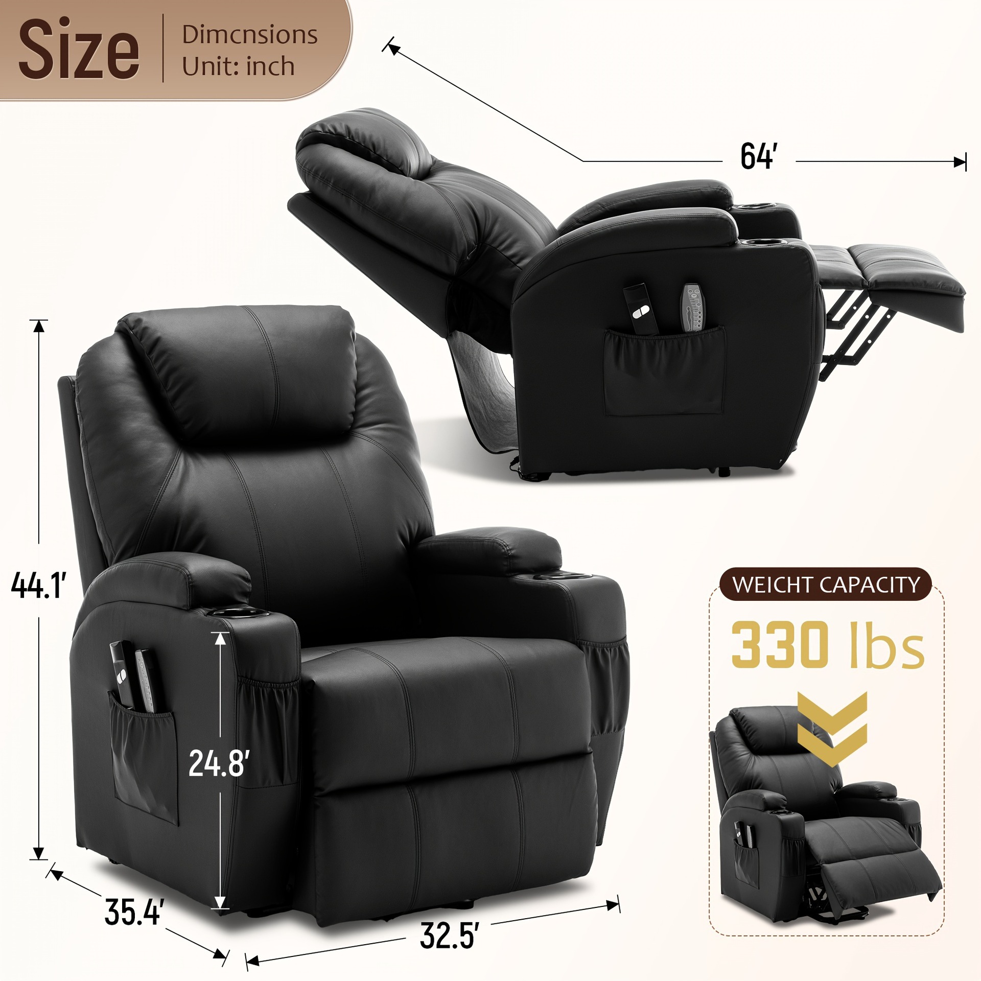 Black Power Lift Recliner Chair con Massage Heat Function